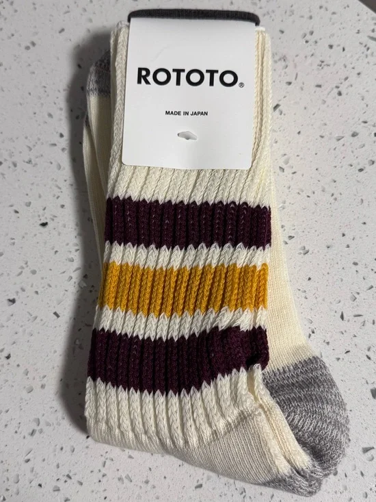 RoToTo Retro Coarse Ribbed Old School Crew Socks in Gold & Bourdeaux NWT - Picture 8 of 12